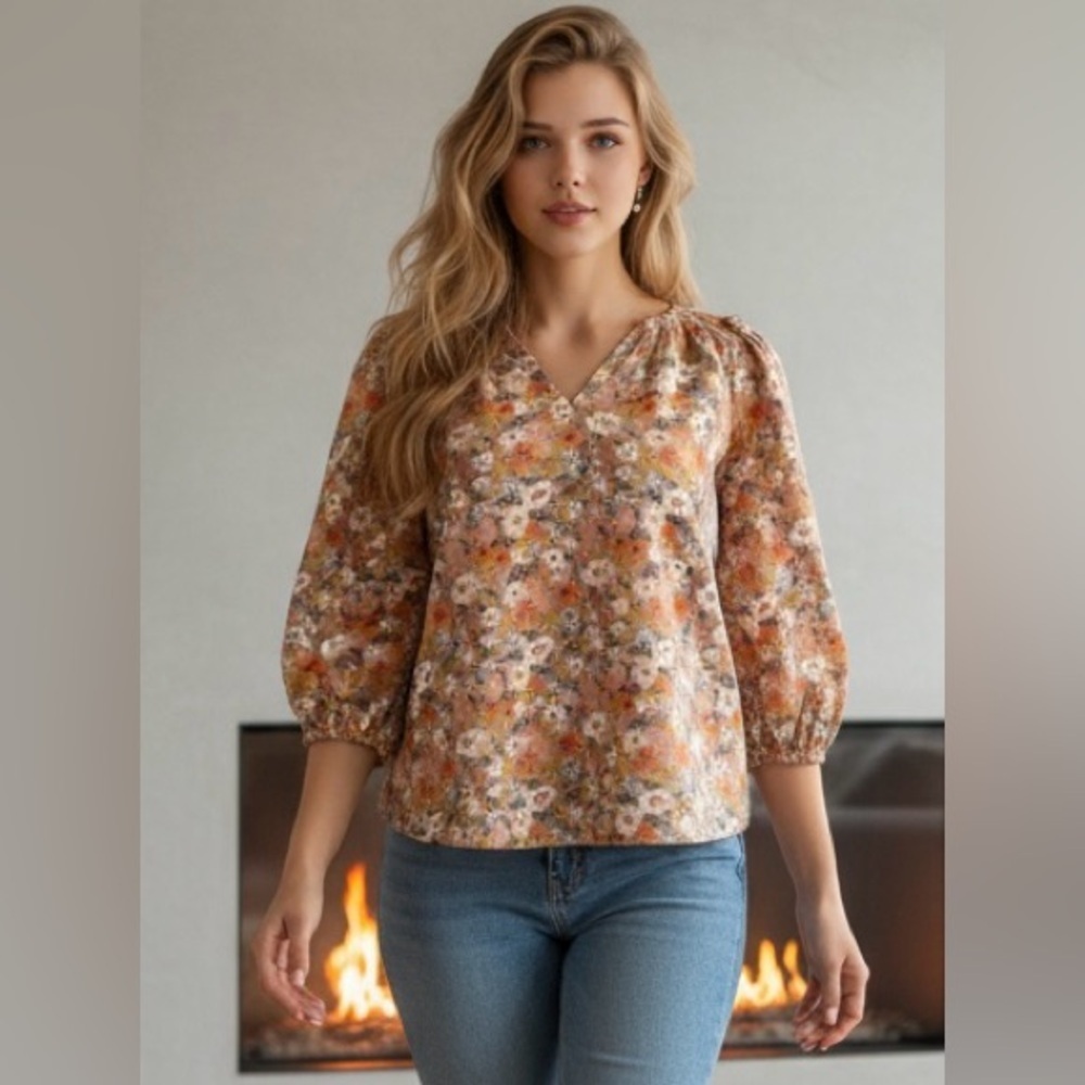 EUC Dip SZ M Mauve/orange multicolored floral Boho balloon sleeve top/bust 45”